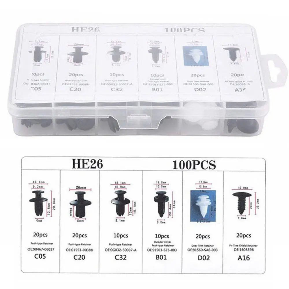 Mixed Car Body Clip & Fastener Kit – 50 or 100 Piece Nylon Retainer Set - TorqueTech