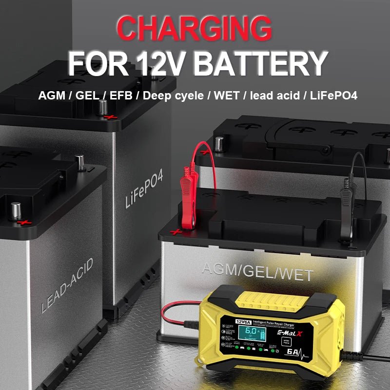 12V 6A Smart Battery Charger with Pulse Repair – AGM, GEL, LiFePO4 & Lead-Acid - TorqueTech